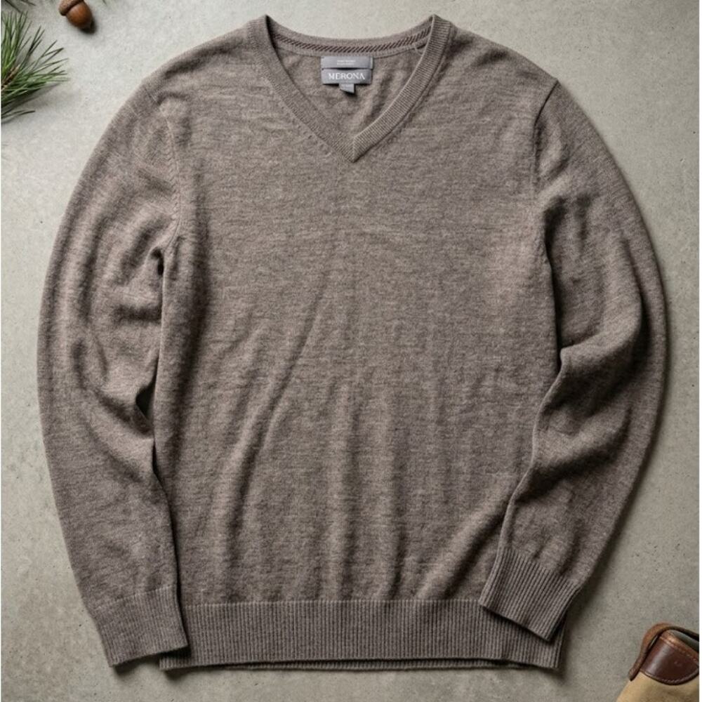 Merona Mens XL 100% Merino Wool V-Neck Sweater Brown Heather Knit Pullover
